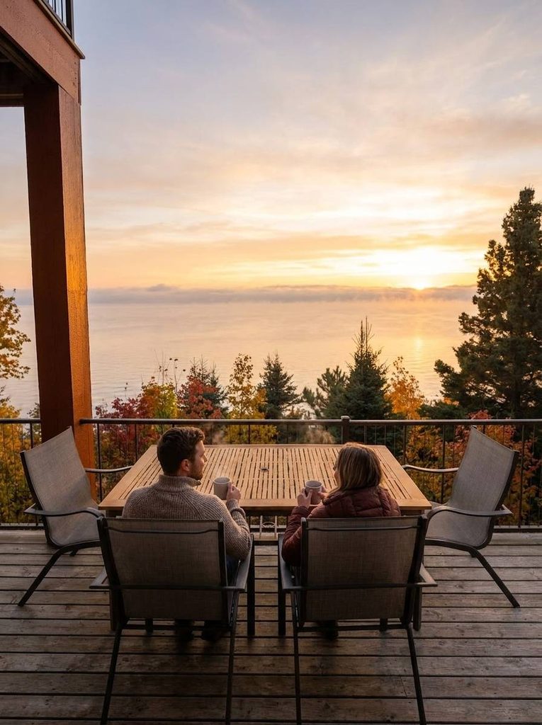 couple enjoying their aspenwood cabin stay in lake superior drinking coffee on balcony with lake and fall color view