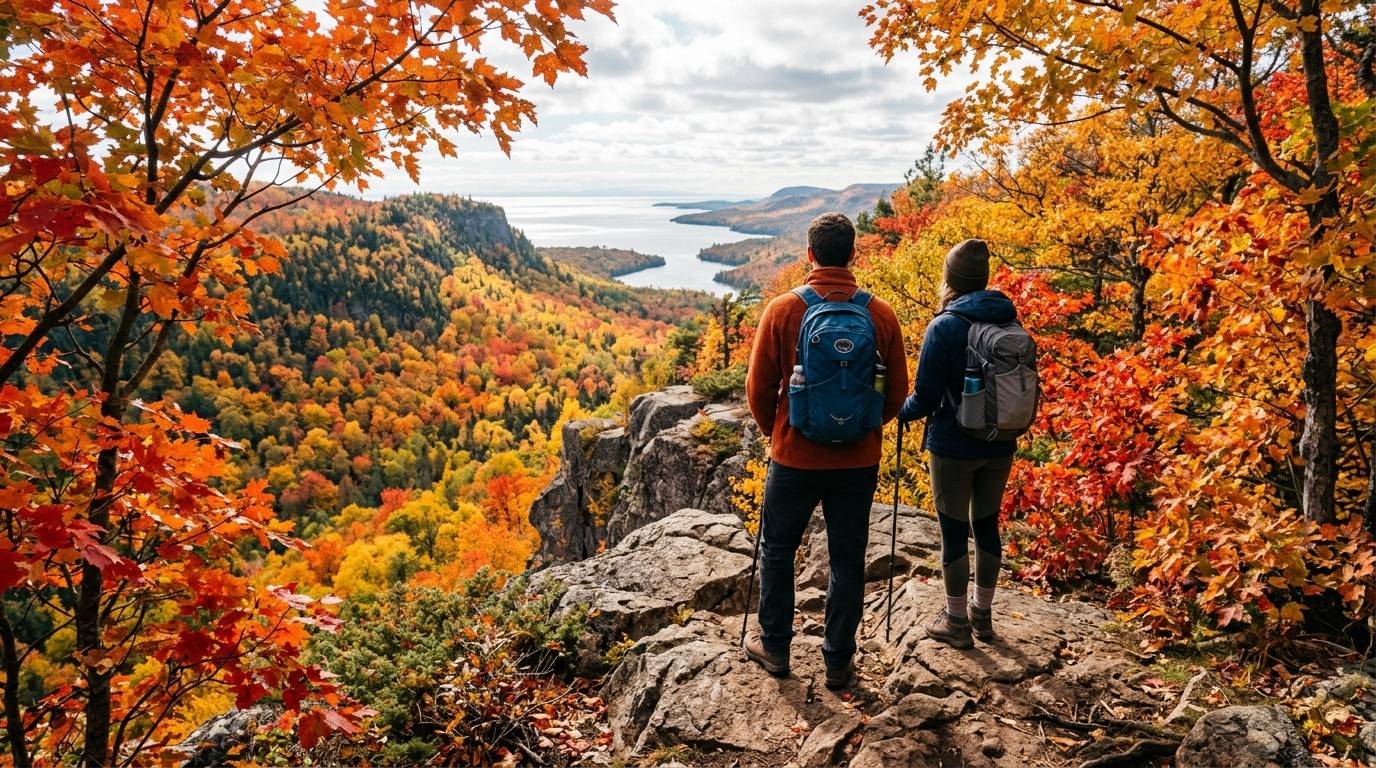 Hikers on a North Shore Minnesota trail surrounded by red maple fall color